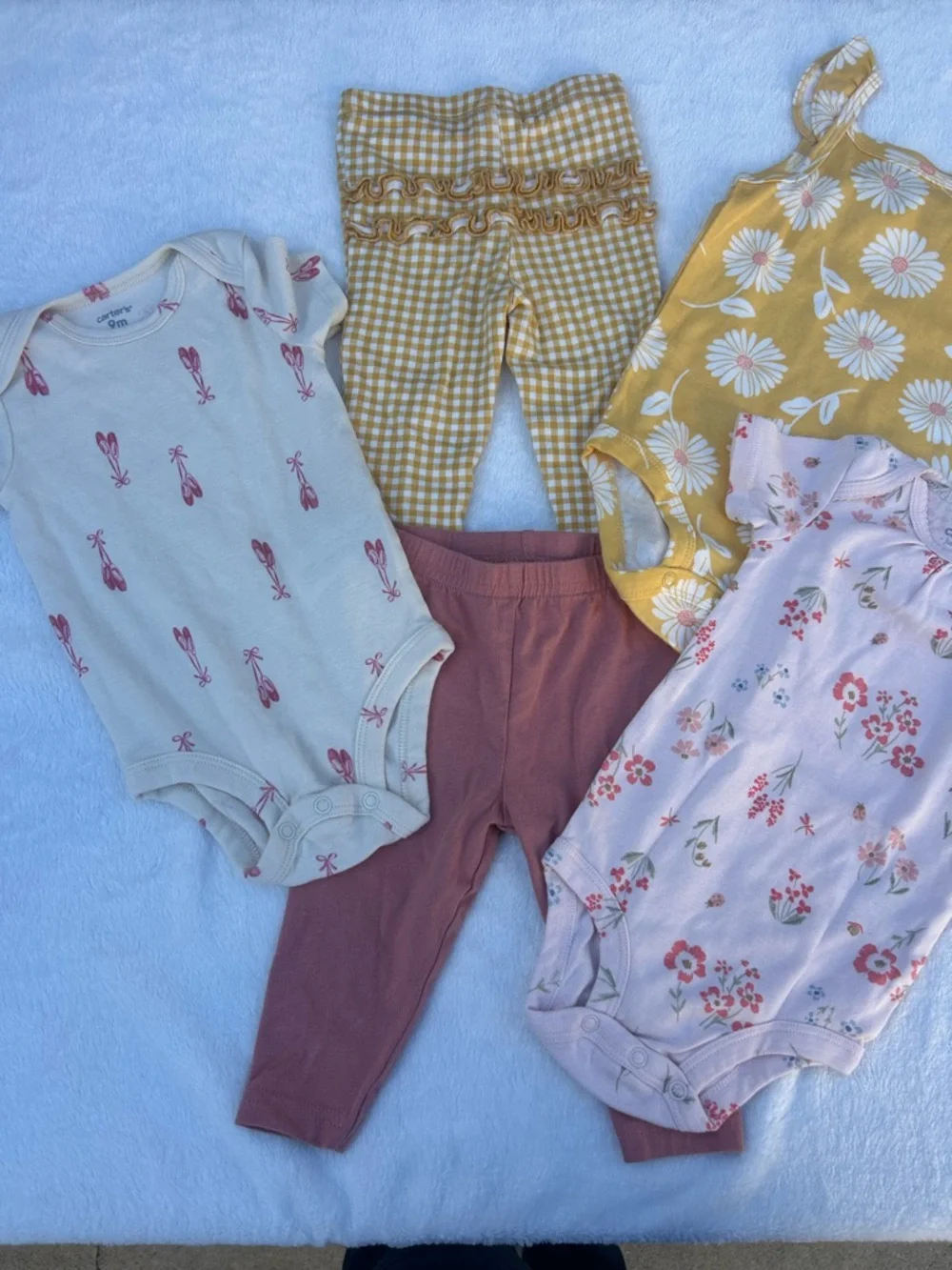 Carter's Yellow Daisy Tank, Pink Floral Onesies & Mauve Pants Set - Picture 4 of 6